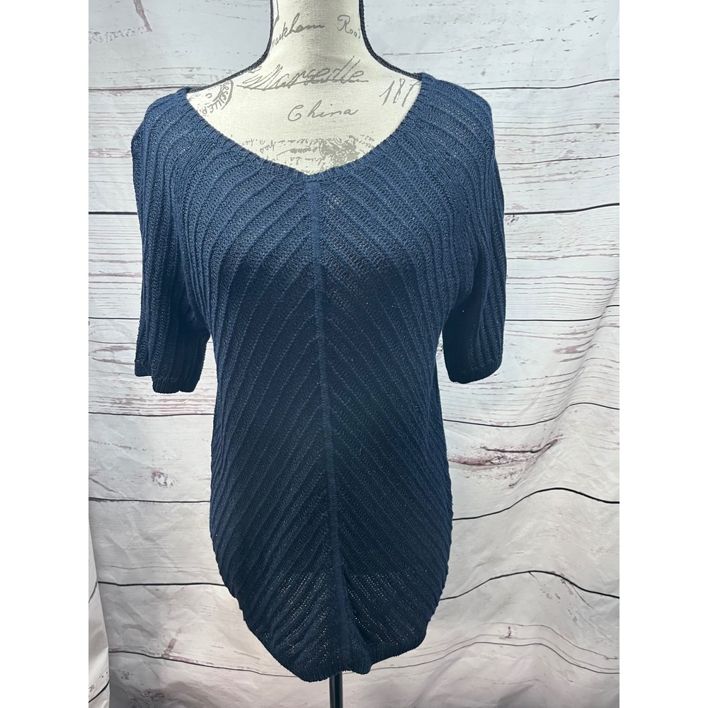 Talbots Navy‎ Blue Metallic Sparkle Chevron Ribbed V-Neck Knit Sweater Womens M